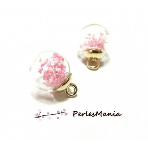 Pax 5 pendentifs globes bulles en verre avec fleurs seichees rose s1187793