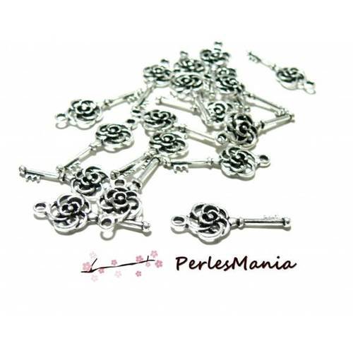 Pax 40 pendentifs clé, petite clef rosace metal argent antique 2a3601