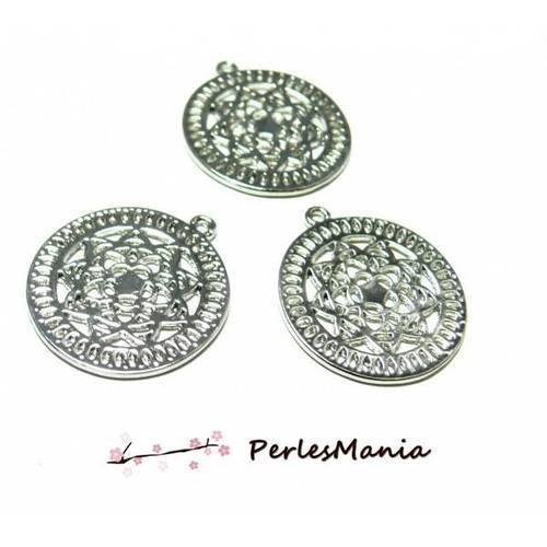 2 pendentifs breloque medaillon boudhisme mandala 25mm couleur argent platine ( s1185649 )
