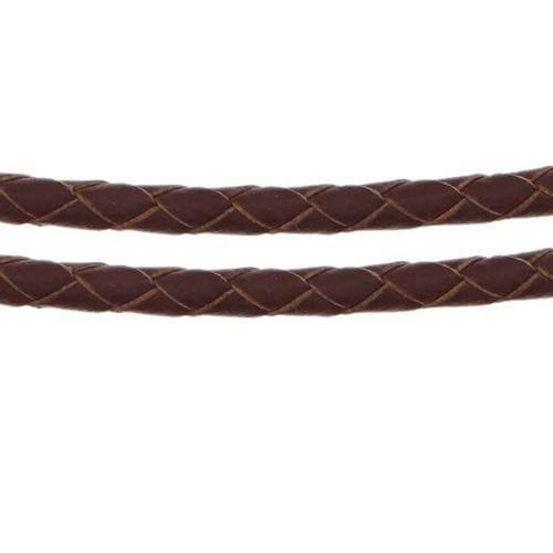 1 mètre cordon tresse cuir veritable 3mm marron chocolat ref 14