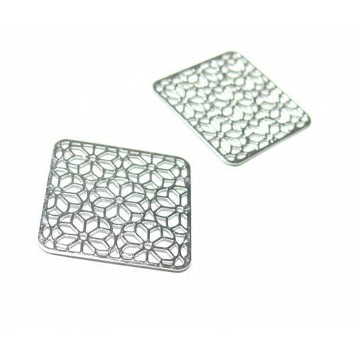 4 estampes pendentifs multiconnecteur filigrane carre à fleur argent vif de 21mm c3834