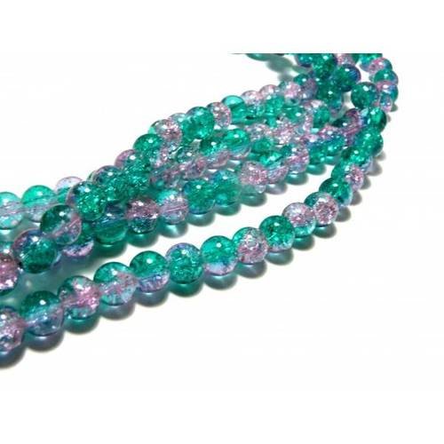 1 fil environ d'environ 100 perles de verre rondes craquelé bicolore vert rose 8mm ref 002 couleur 06