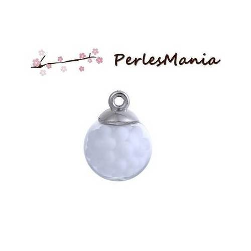 Pax 10 pendentifs globes bulles en verre bubble gum blanc socle argent ps11102439
