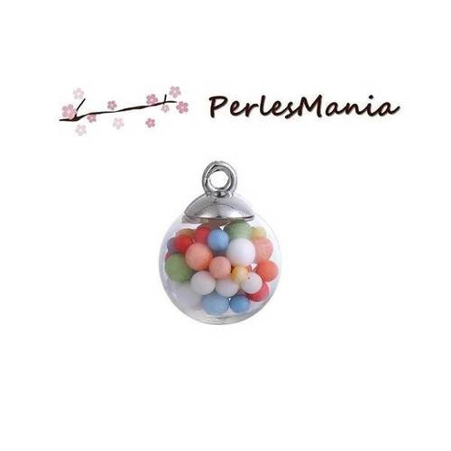 Pax 10 pendentifs globes bulles en verre bubble gum multicolore socle argent ps11102440