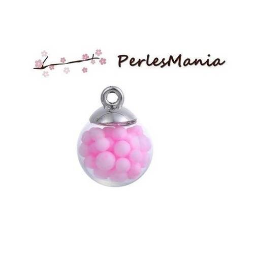 Pax 10 pendentifs globes bulles en verre bubble gum rose socle argent ps11102438