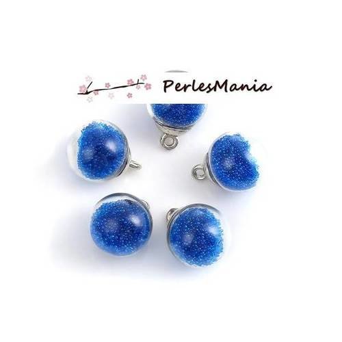 Pax 10 pendentifs globes bulles en verre caviar bleu socle argent ps11102448