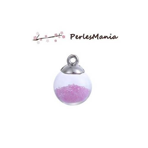 Pax 10 pendentifs globes bulles en verre bille rose socle argent ps11102444