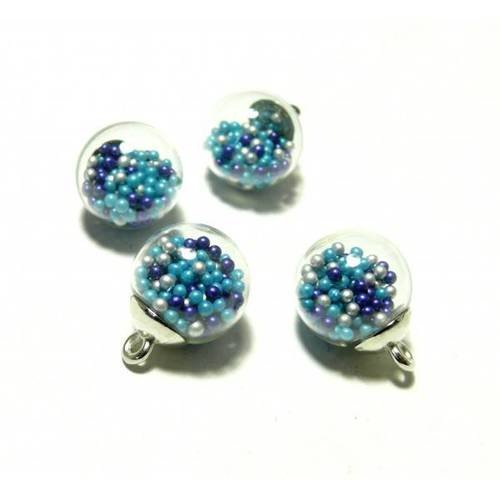 Pax 10 pendentifs globes bulles en verre bille multicolore bleu socle argent ps11102443
