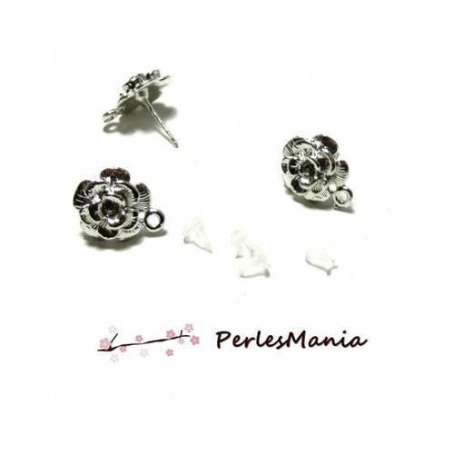 Pax 20 puces d'oreilles fleur argent platine avec anneau attache et embouts ps1136076