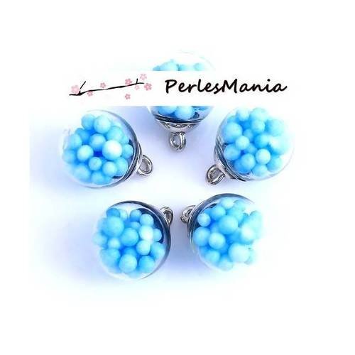 Pax 10 pendentifs globes bulles en verre bubble gum bleu socle argent ps11102441
