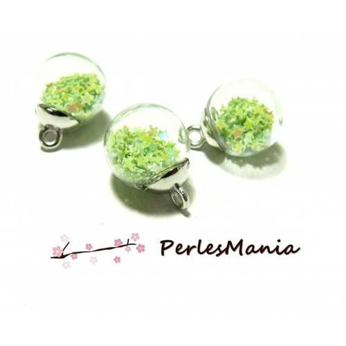 Pax 10 pendentifs globes bulles en verre etoile vert pastel socle argent ps11102435