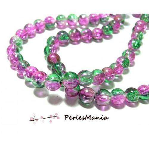 Offre spéciale: 1 fil environ 80 perles de verre craquelé bicolore rose et vert 10mm a49