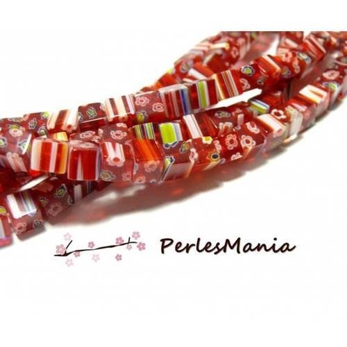 1 fil d'environ 65 perles cubes verre millefiori 6mm rouge h1409