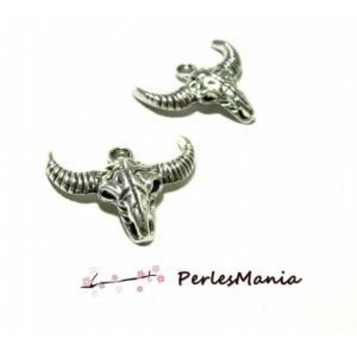 Pax 10 pendentifs buffalo tete vache 29mm metal couleur argent antique ps1104969