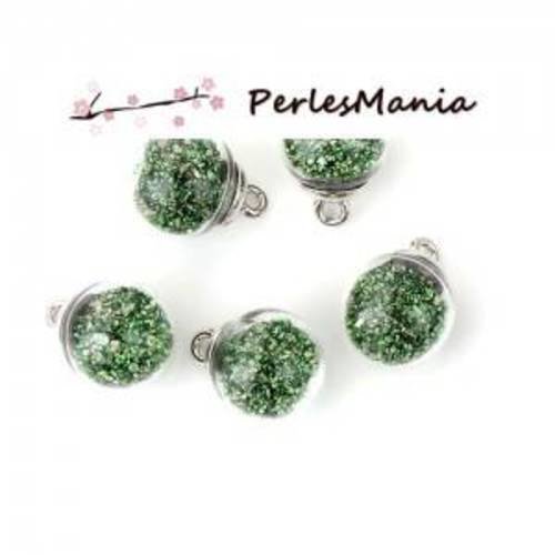 Pax 10 pendentifs globes bulles en verre pierre vert socle argent s11102941