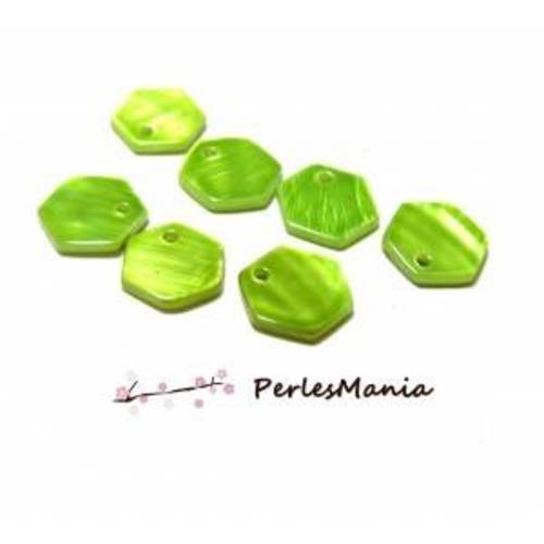 Pax 20 perles pendentifs nacres pastilles hexagone 12mm vert q012002c