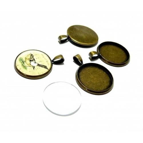 Bn1124024 lot de 20 pieces: 10 supports de pendentif 25mm qualité attache triangle couleur bronze et 10 cabochons en verre
