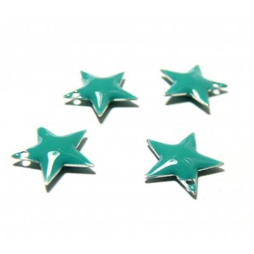 4 sequins médaillons style émaillés biface etoile vert pétrole 13mm ref 10
