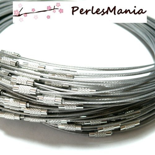 S112775 pax 10 colliers tours de cou rigides cables 1mm couleur argent