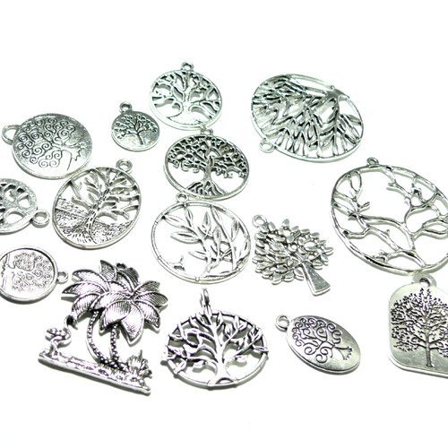 S11115812 pax 15 pendentifs breloque arbres avec 15 motifs métal argent antique