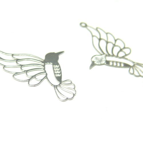 Ae112334 lot de 4 estampes pendentif  filigrane grand colibri oiseau du paradis argent vif 21mm