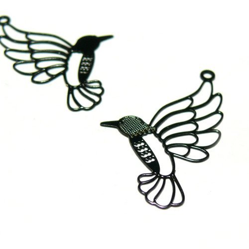 Ae112334 lot de 4 estampes pendentif  filigrane grand colibri oiseau du paradis noir 21mm
