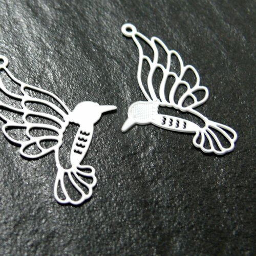 Ae112334 lot de 4 estampes pendentif  filigrane grand colibri oiseau du paradis blanc 21mm