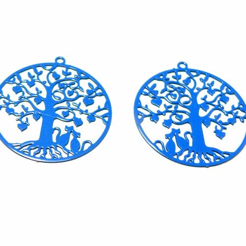 Ae117380 lot de 4 estampes pendentif  filigrane arbre à chat bleu électrique 27mm