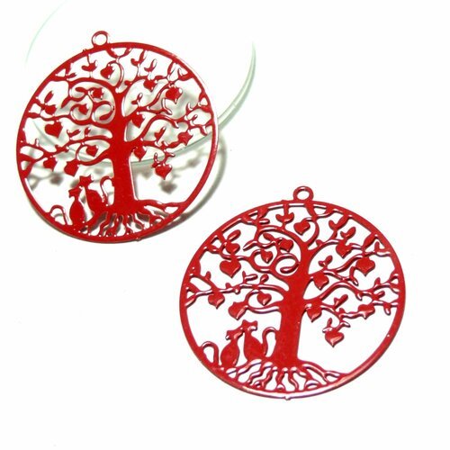 Ae117380 lot de 4 estampes pendentif  filigrane arbre à chat rouge 27mm