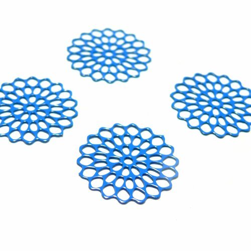 Ae115221 lot de 6 estampes pendentif connecteur filigrane fleur ajourée bleu electrique 16mm