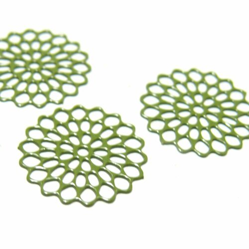 Ae115221 lot de 6 estampes pendentif connecteur filigrane fleur ajourée vert kaki 16mm