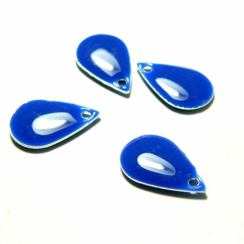 4 sequins médaillons style émaillés biface goutte bleu electrique 15mm ref 8