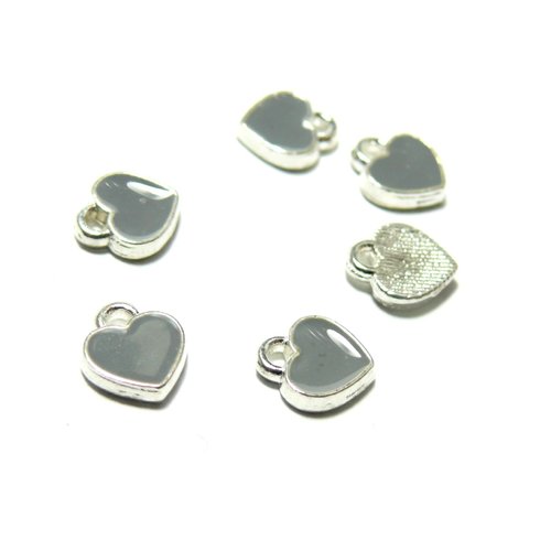160109151807g pax 20 sequins type emaille mini coeur gris 7 par 8mm sur une base en métal argent