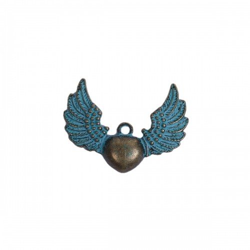 Ps1184163 pax 4 pendentifs coeur avec aile patine ancienne metal couleur bronze vieilli