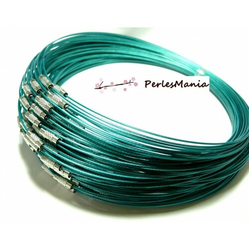 10 colliers tours de cou rigides cables 1mm bleu lagon metalise ref4