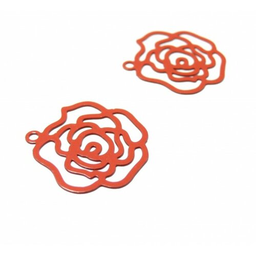 Ae112817 lot 4 estampes pendentif filigrane fleur pivoine couleur orange de 20 par 21mm