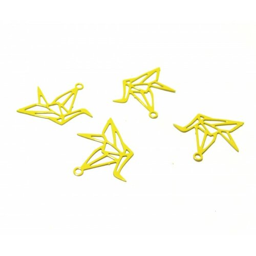 Ae116420 lot 4 estampes pendentif filigrane grue origami couleur jaune de 15 par 20mm