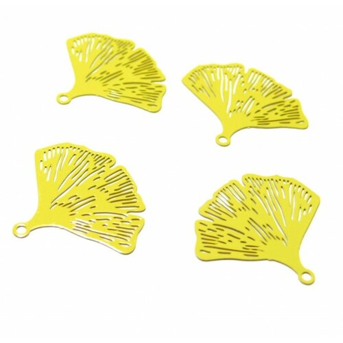 Ae113811 lot 4 estampes pendentif filigrane ginkgo couleur jaune de 20 par 25mm