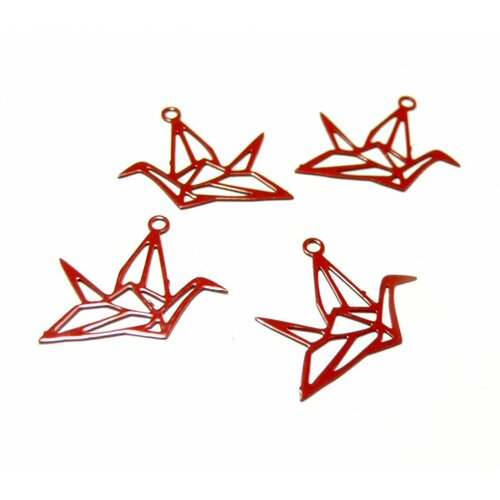 Ae116420 lot 4 estampes pendentif filigrane grue origami couleur rouge de 15 par 20mm