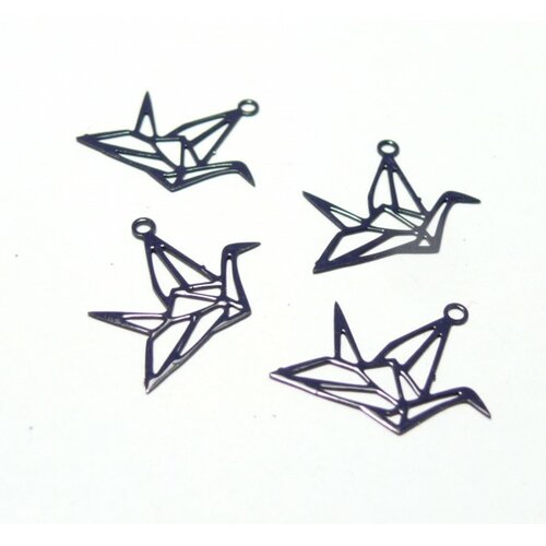 Ae116420 lot 4 estampes pendentif filigrane grue origami couleur bleu gris de 15 par 20mm