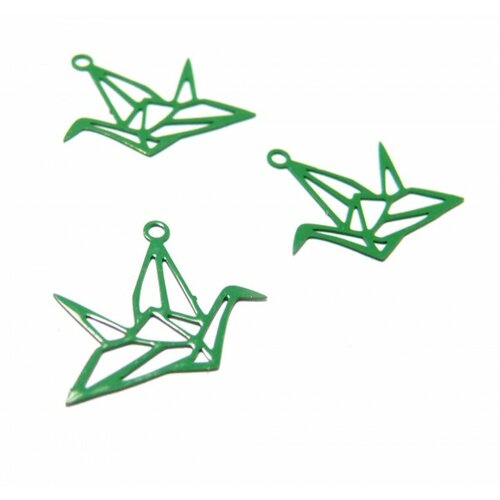 Ae116420 lot 4 estampes pendentif filigrane grue origami couleur verte de 15 par 20mm