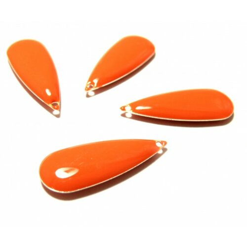 4 sequins médaillons style résine émaillés biface goutte xl orange 28mm par 10mm ref 9