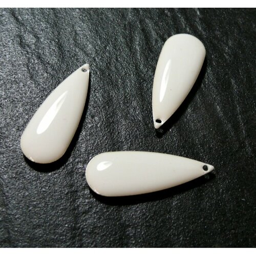 4 sequins médaillons style résine émaillés biface goutte xl blanc 28mm par 10mm ref 9