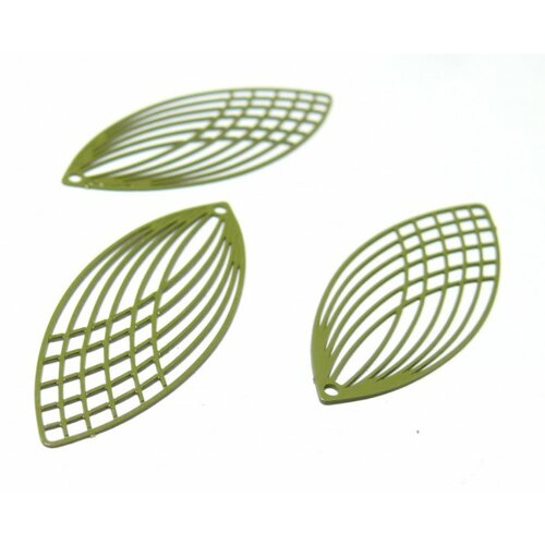 Ae118987 lot de 4 estampes pendentif filigrane grand ovale oblong vert kaki 15 par 40mm