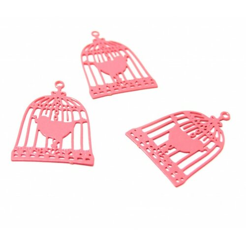 Ae112944 lot de 4 estampes pendentif filigrane cage et oiseau couleur rose bonbon 23 par 15mm