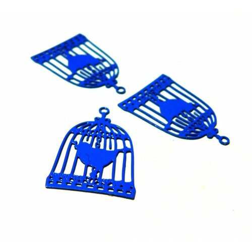 Ae112944 lot de 4 estampes pendentif filigrane cage et oiseau couleur bleu roi 23 par 15mm