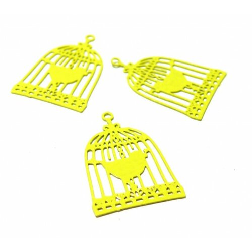 Ae112944 lot de 4 estampes pendentif filigrane cage et oiseau couleur jaune 23 par 15mm