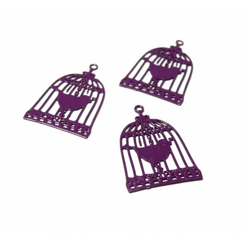 Ae112944 lot de 4 estampes pendentif filigrane cage et oiseau couleur violet pourpre 23 par 15mm