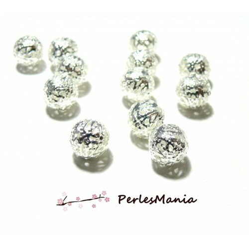 Pax 50 perles intercalaire ronde dentelle filigrane 10mm 2n6603 métal couleur argent vif
