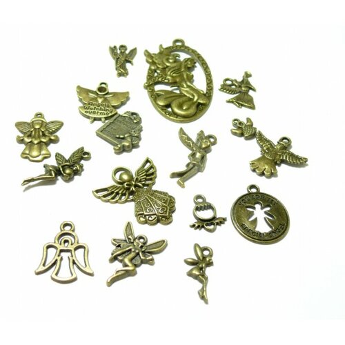 S11130609 set de 19 pendentifs breloques anges, fées métal couleur bronze